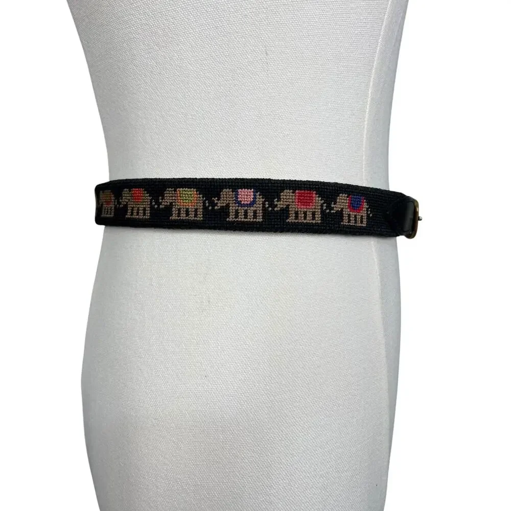 Vintage Elephant Needlepoint Belt Black Leather Preppy Size 31